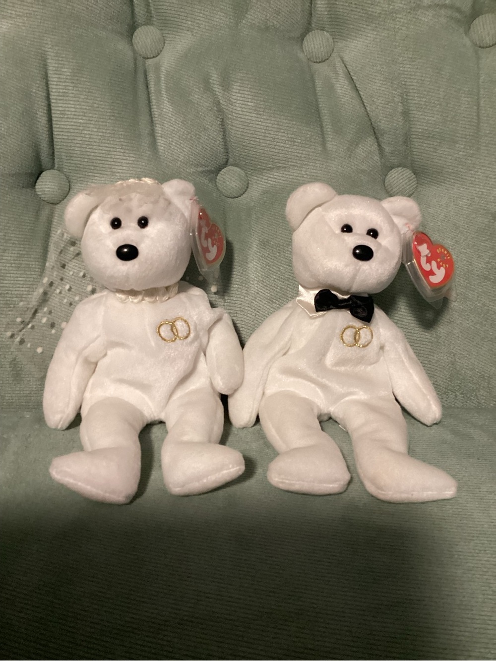 Ty White Wedding Bear Couple with Gold Rings Embroidery